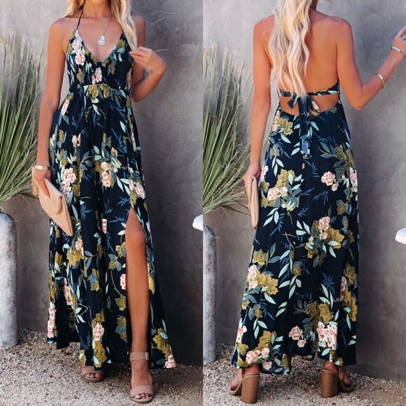 Dresses & Skirts - Navy blue floral backless maxi dress vacation smocked halter Easter